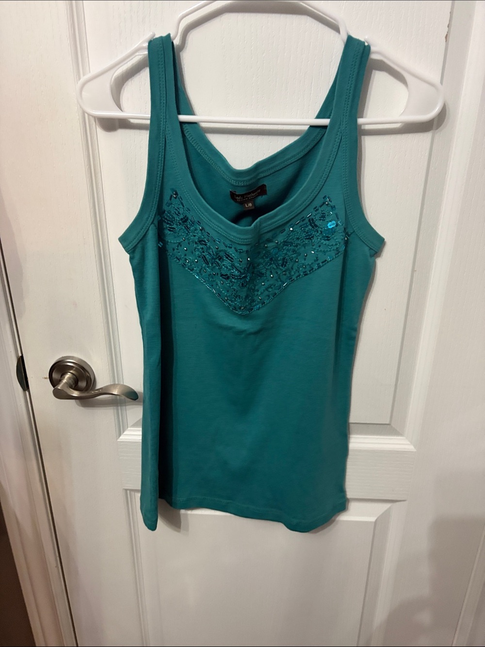 Embellished Teal Tank Top with Scoop Neck